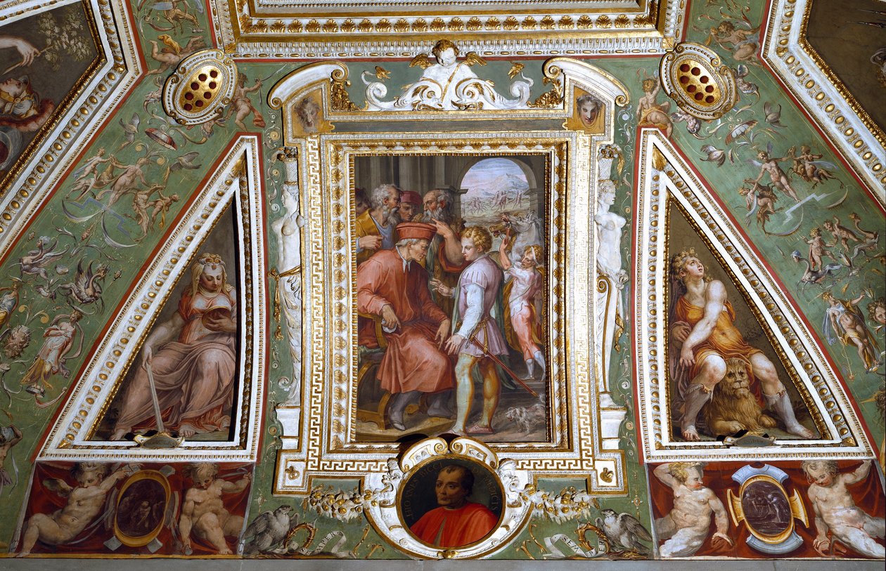 Detail pokoje Cosima de Medicis, který se představuje se Sante Bentivogliem, guvernérem města Bologna (freska). od Giorgio Vasari