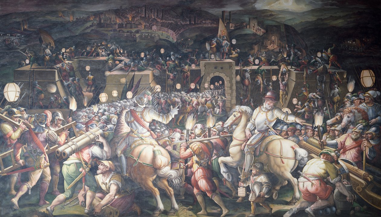 Itálie, Florencie, Palazzo Vecchio (Starý palác), Salone dei Cinquecento, Převzetí pevnosti poblíž Port Camollia v Sieně od Giorgio Vasari