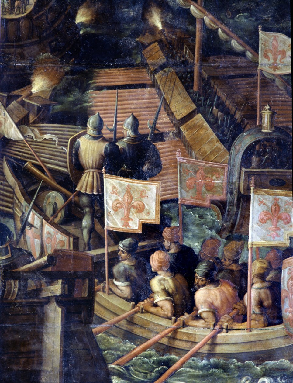 Námořní bitva mezi Florencií a Pisou. Detail. Strop obývacího pokoje z období Cinquecento. Manýristická malba od Giorgia Vasariho (1511-1574) ,1565. Palazzo Vecchio (Palazzo della Signoria) Florencie 1097.1 od Giorgio Vasari
