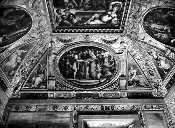 Papež Klement VII (1478-1534) se oženil s Kateřinou de Medici (1519-1589) s Henrim II z Francie (1519-59), ze Sala di Clemente VII. od Giorgio Vasari