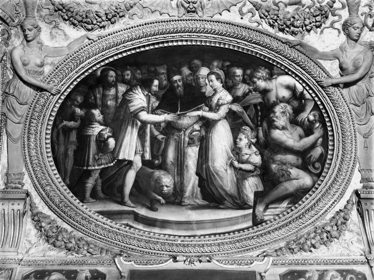 Papež Klement VII (1478-1534) se oženil s Kateřinou de Medici (1519-1589) a Henrim II z Francie (1519-59) 28. října 1533 ze Sala di Clemente VII (viz také 135388) od Giorgio Vasari