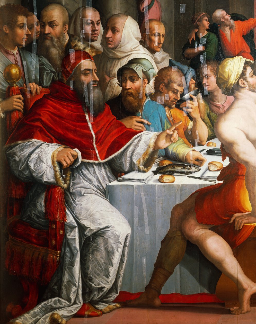 Papež Klement VII v přestrojení za San Gregorio, detail z Večeře svatého Řehoře Velikého od Giorgio Vasari