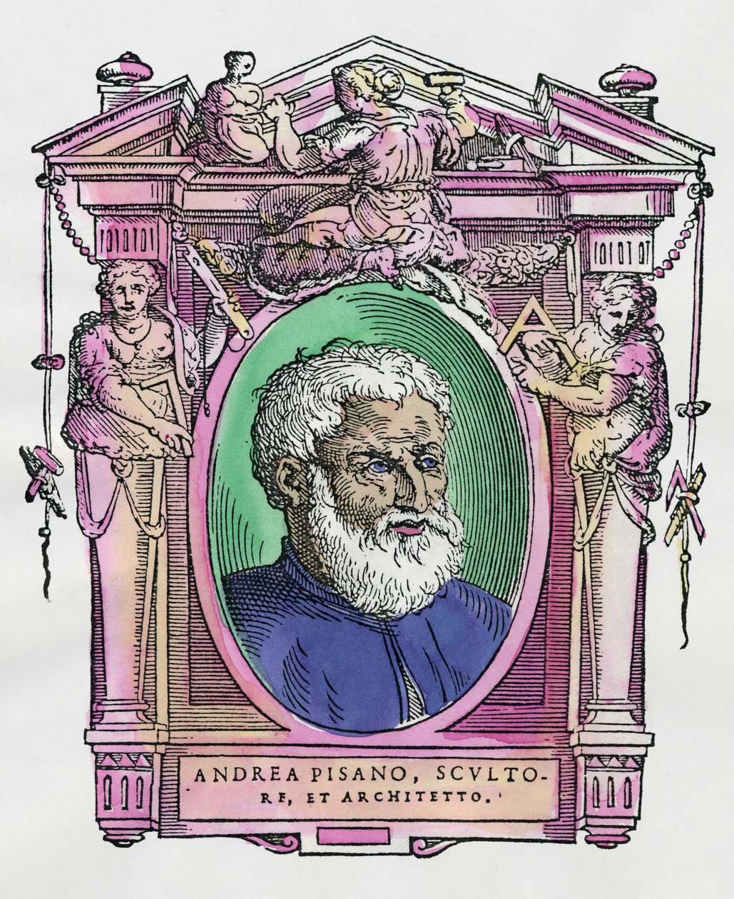 Portrét Andrea Pisano (1290-1349) italský sochař a architekt. Rytina lahůdky „Životy nejznamenitějších malířů, sochařů a architektů“ (Le Vite de