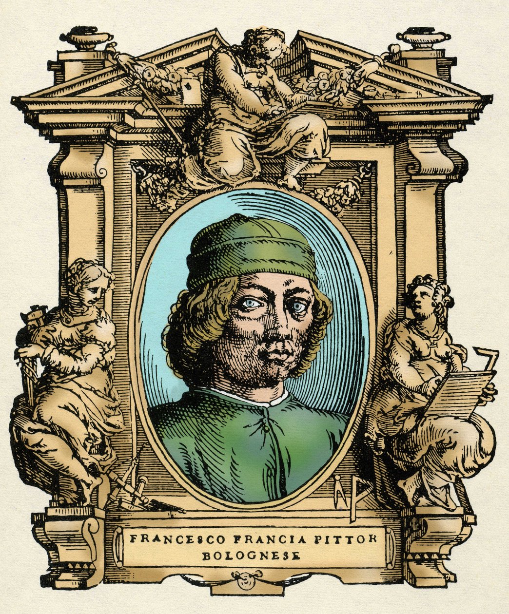 Portrét Francesca FRANCIA (1450-1517) italského malíře. Rytina traktátu „“Životy nejznamenitějších malířů, sochařů a architektů“ (Le Vite de