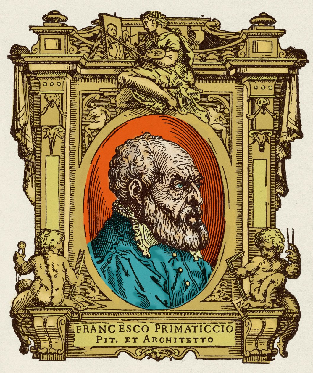 Portrét Francesca Primaticcia známého jako The Primatice (1504-1570), malíř, sochař a architekt. Byl členem Ecole de Fontainebleau. Rytina lahůdky "" Životy nejznamenitějších malířů, sochařů a architektů "" (Le Vite de