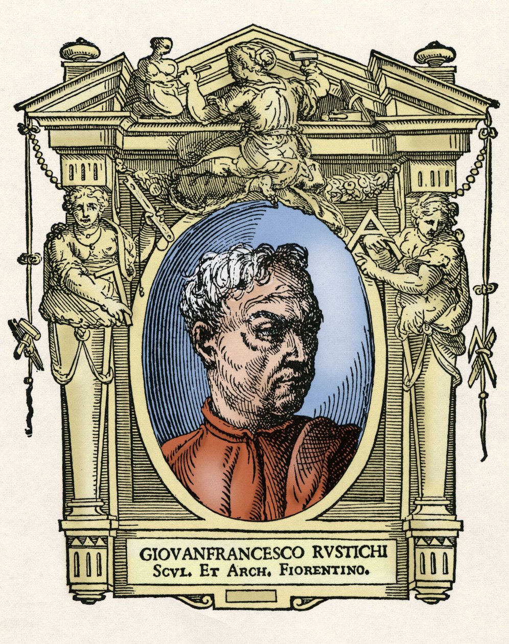 Portrét Giovana Francesca RUSTICIHO (1474 - 1554) italského sochaře a architekta. Rytina lahůdky „Životy nejznamenitějších malířů, sochařů a architektů“ (Le Vite de