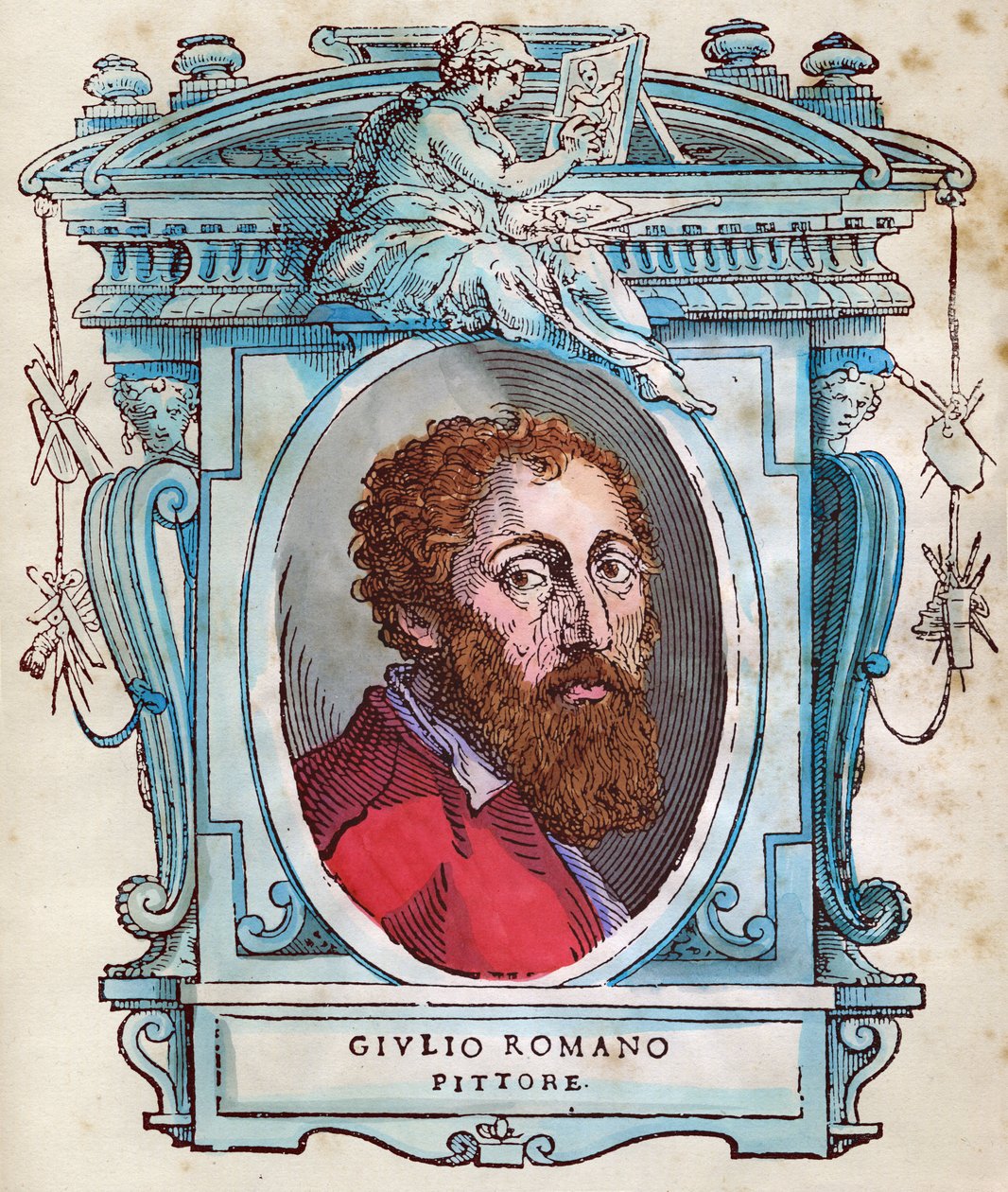 Portrét Julese Romaina (Giulio di Pietro di Filippo od Gianuzziho, zvaný Giulio Pippi, poté Giulio Romano) (1499-1546) Xylografie z „Životů“ od Giorgia Vasariho 1568 od Giorgio Vasari