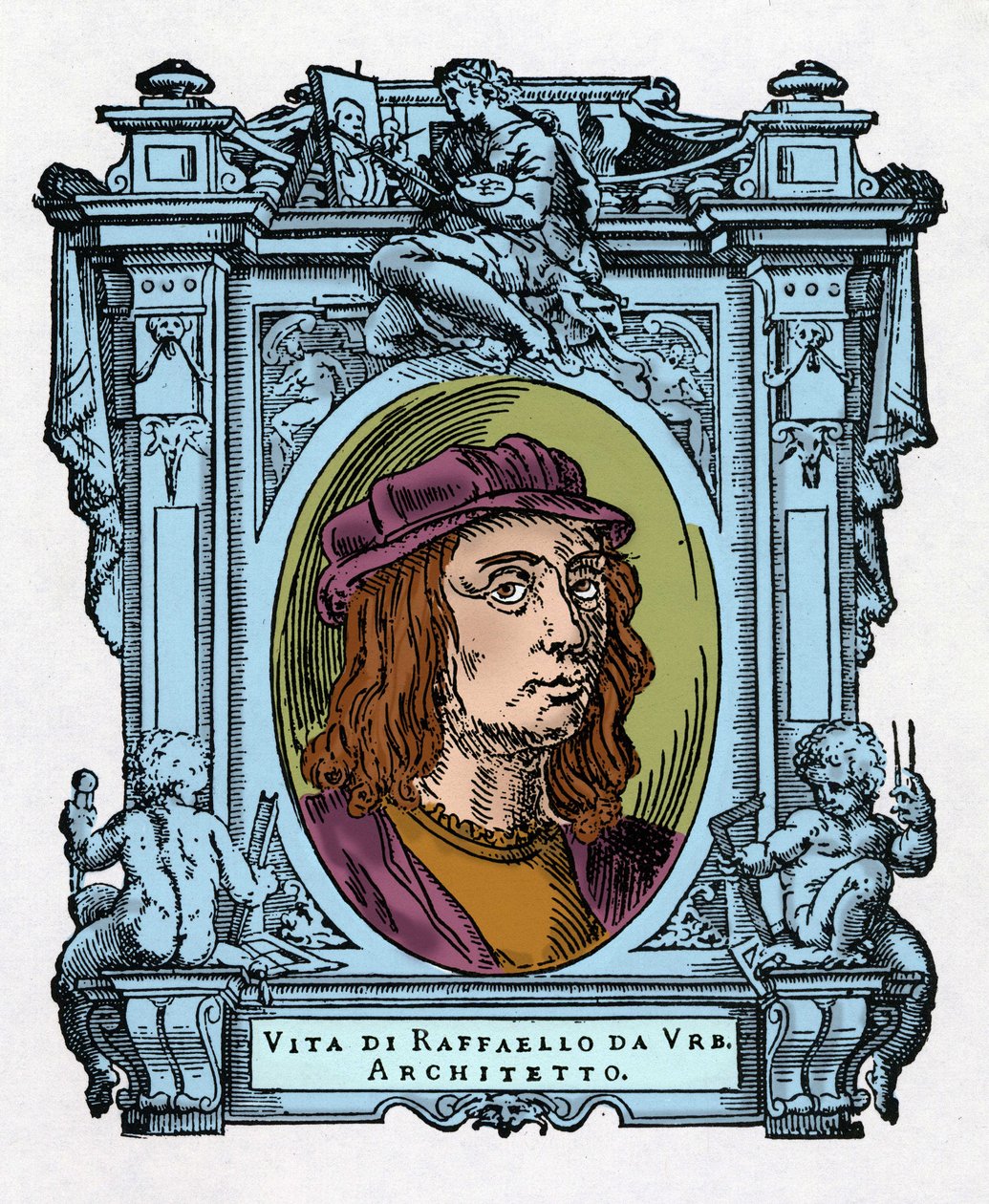 Portrét Raphaela (Raffaello Sanzio 1483 - 1520) italský architekt a malíř. Rytina lahůdky „Životy nejznamenitějších malířů, sochařů a architektů“ (Le Vite de