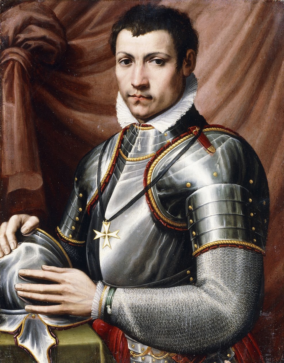 Portrét maltézského rytíře, polodlouhého, v brnění, držícího na stole přilbu, vzadu závěs, od Giorgio Vasari