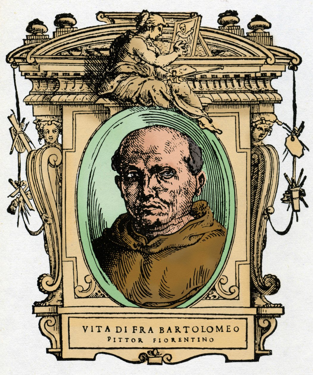 Portrét florentského malíře Fra Bartolomea (1473-1517) .. Rytina lahůdky "" Životy nejznamenitějších malířů, sochařů a architektů "" (Životy nejznamenitějších malířů, sochařů a architektů) od Giorgia Vasariho od Giorgio Vasari