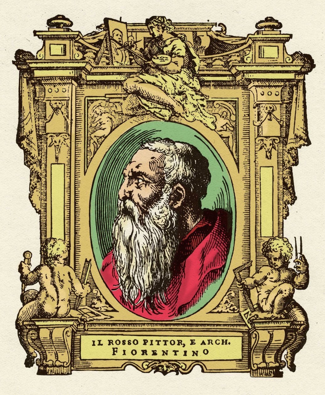 Portrét malíře Giovanniho Battisty di Jacopo (Rosso Fiorentino) (1495-1540). Byl členem Ecole de Fontainebleau. Rytina lahůdky „Životy nejznamenitějších malířů, sochařů a architektů“ (Le Vite de