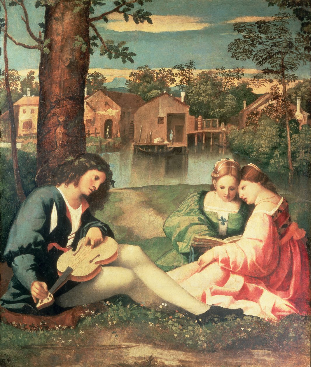 Mladík s kytarou a dvě dívky sedící na břehu řeky od Giorgione da Castelfranco