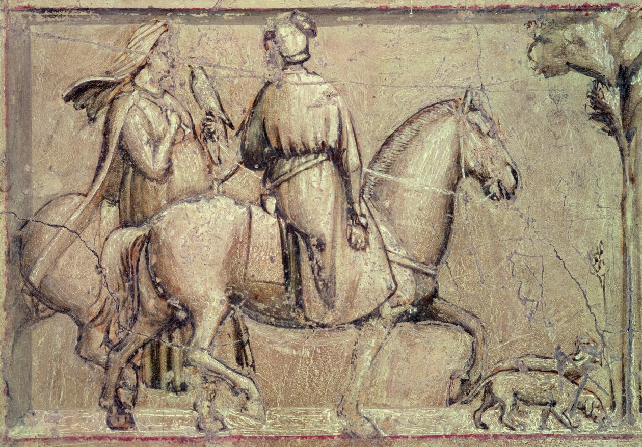 Alegorie spravedlnosti, před restaurováním (detail dvou jezdců odjíždějících na lov se sokolem), 1305 od Giotto di Bondone