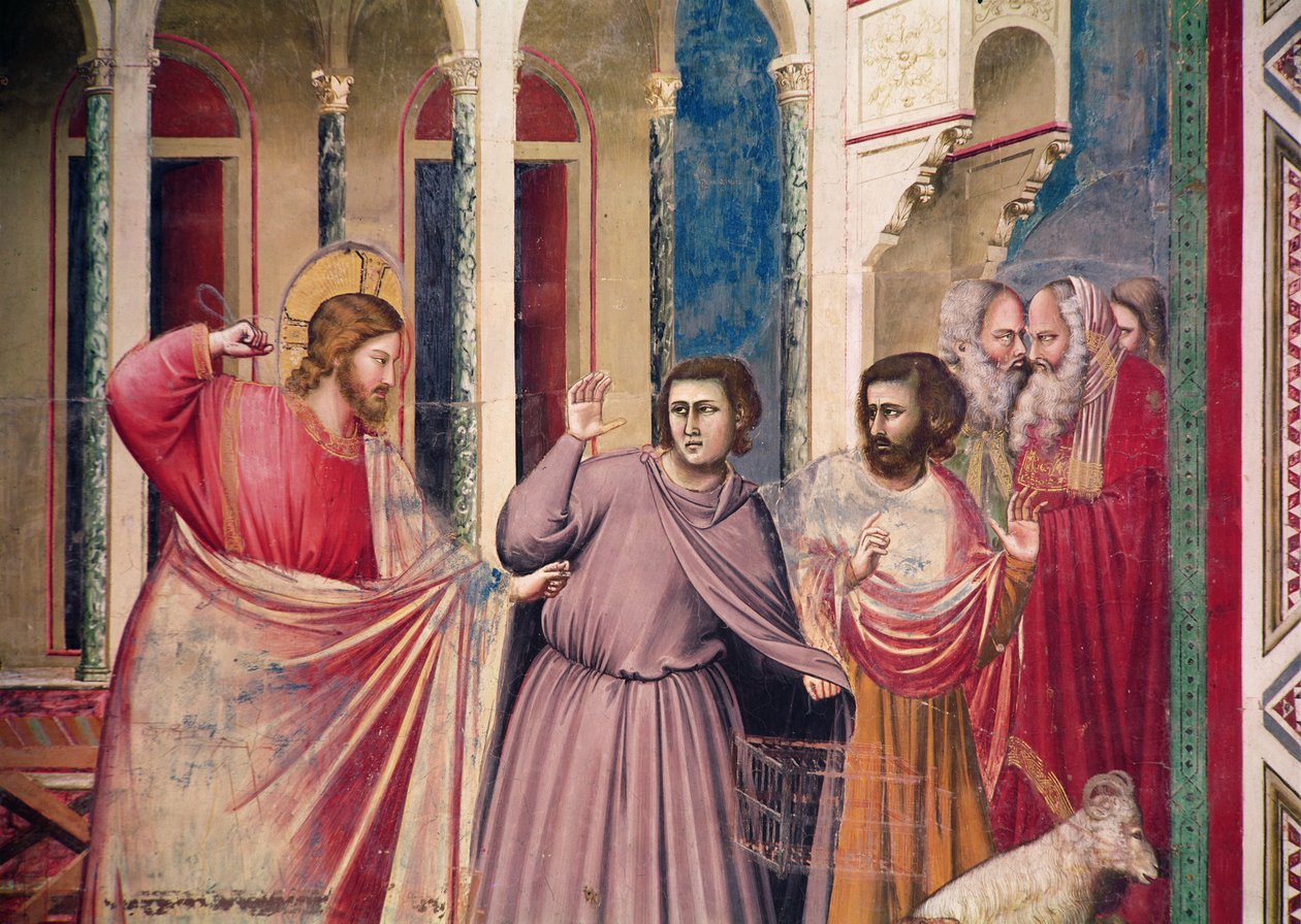 Ježíš honí obchodníky z chrámu, detail Krista a dvou obchodníků, c.1303-05 (detail 444251) od Giotto di Bondone