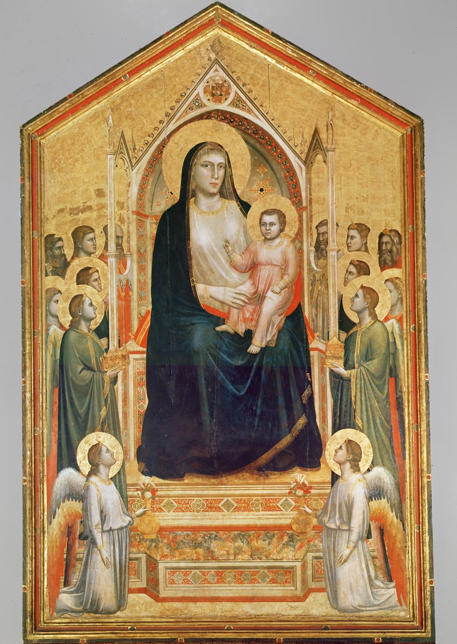 Madona s dítětem na trůně, 1380 (PŘED restaurováním) (tempera na desce) (viz také 63334) od Giotto di Bondone