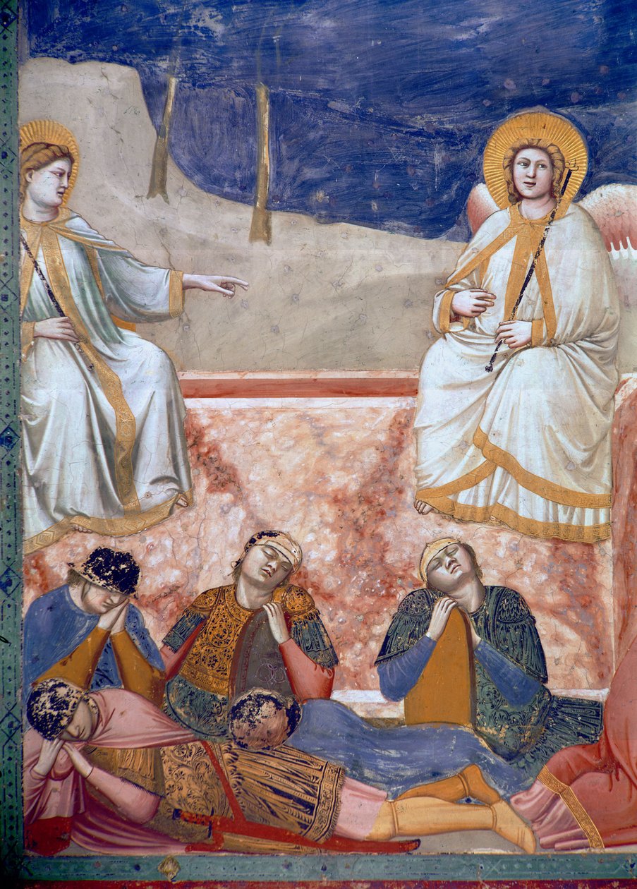 Noli Me Tangere, aneb Zjevení Krista Marii Magdaleně, detail hrobky, andělů a spících vojáků, 1303-05 (viz také 155974) od Giotto di Bondone