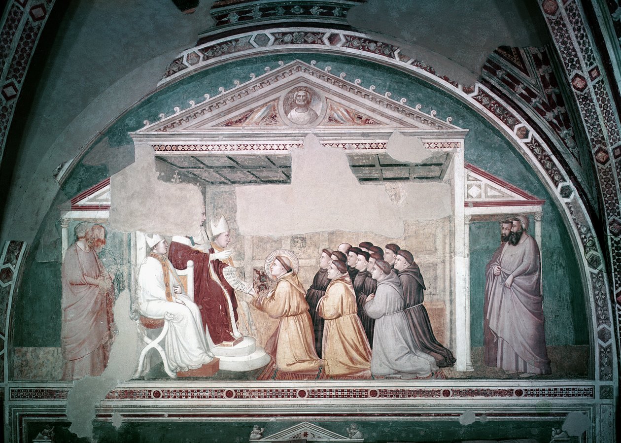 Papež Inocenc III (1160-1216) schvaluje řeholi svatého Františka, z Bardiho kaple, asi 1320 od Giotto di Bondone