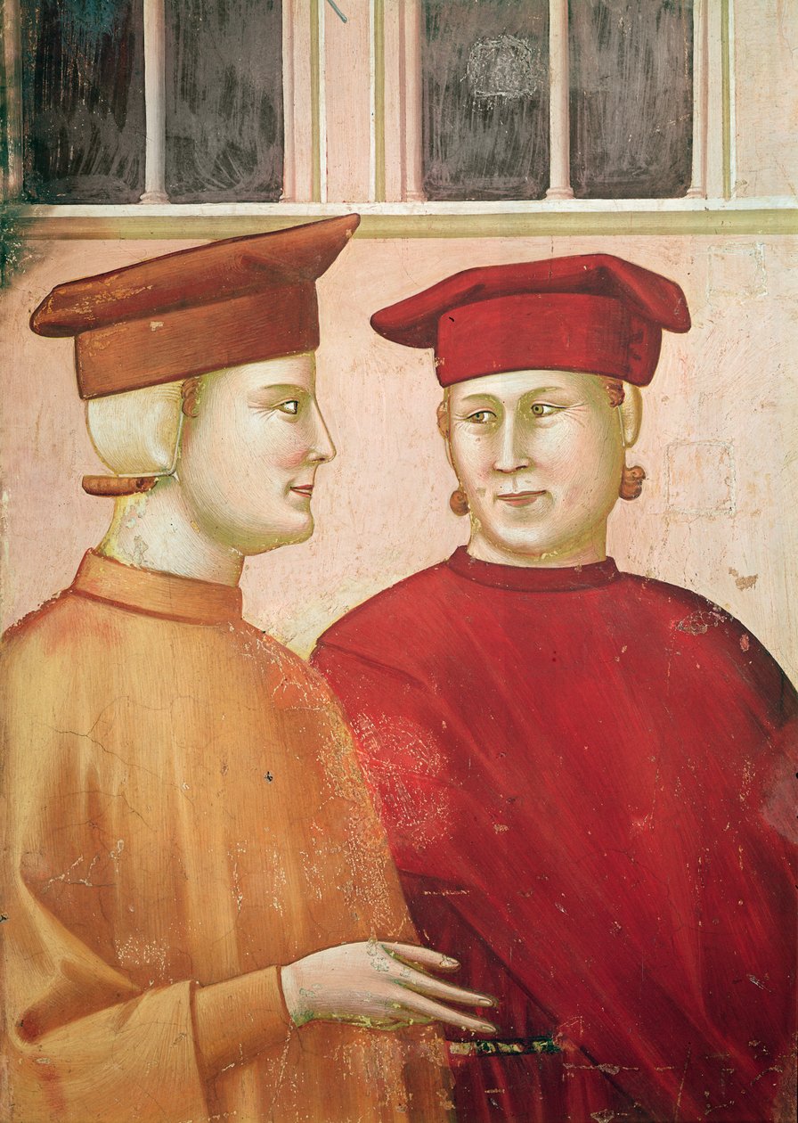 Svatý František poctěn prostým mužem, detail postav vlevo, kolem 1297-99 od Giotto di Bondone