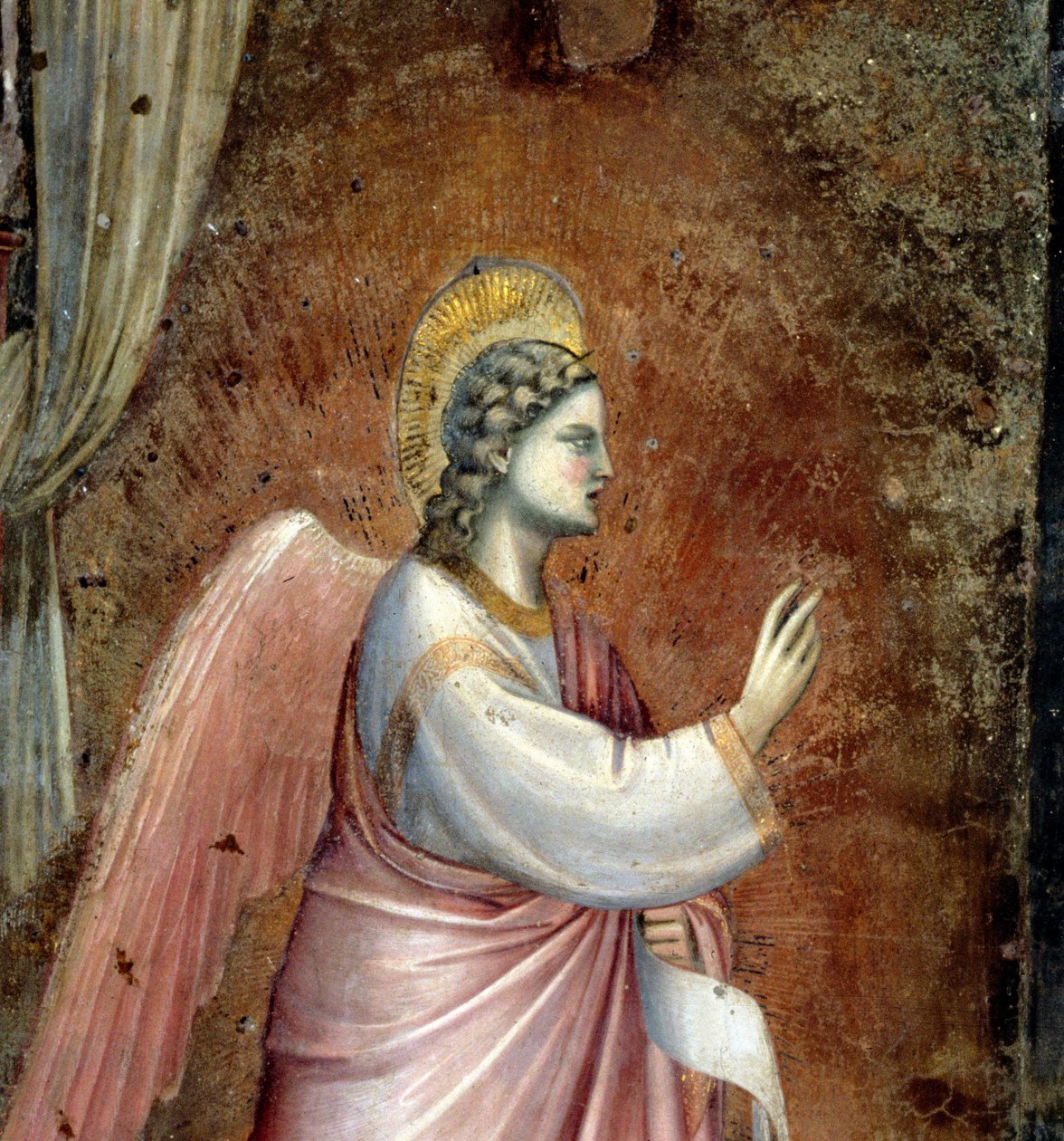 Zvěstování, detail anděla Gabriela, z lunety nad oltářem, c.1305 detail fresky z 97841 od Giotto di Bondone