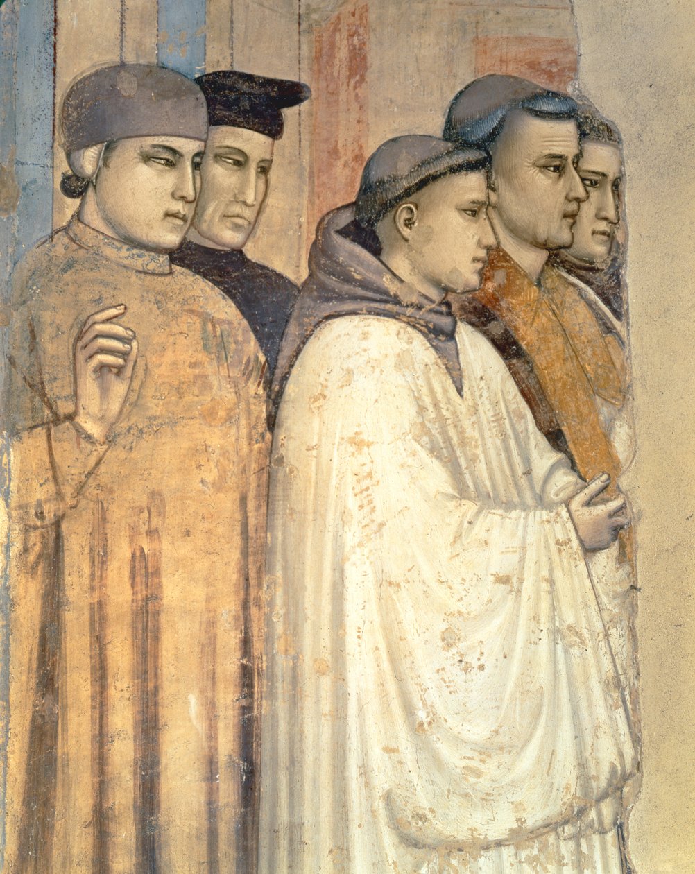 Smrt sv. Františka, detail stojících truchlících po levé straně, detail fresky kaple Bardi z 63330 od Giotto di Bondone