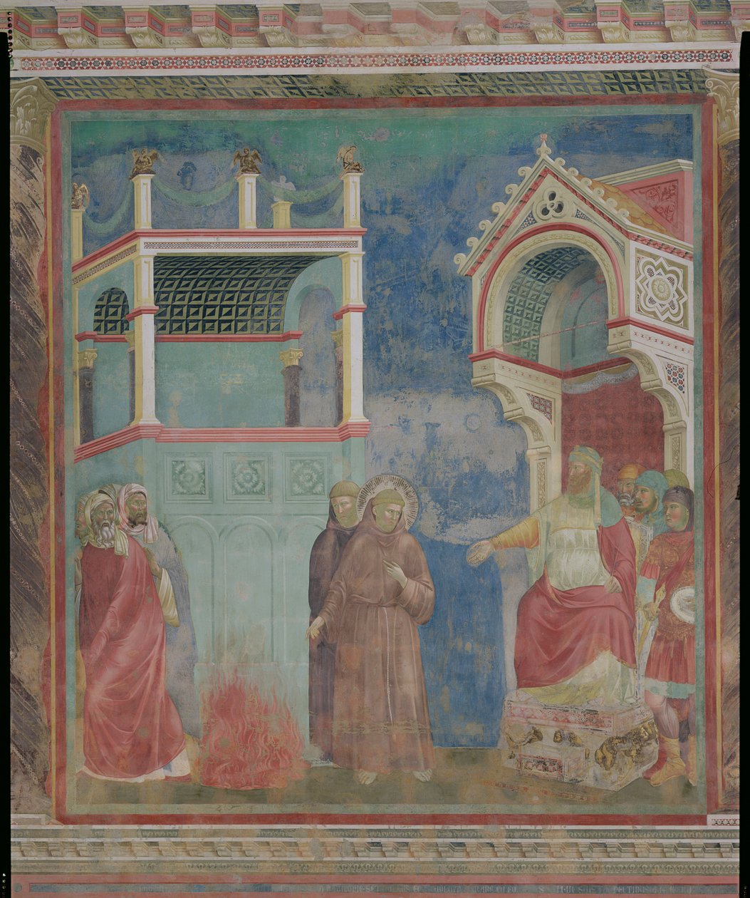 Zkouška ohněm, svatý František nabízí projít ohněm, obrátit egyptského sultána v letech 1219, 1296-97 od Giotto di Bondone