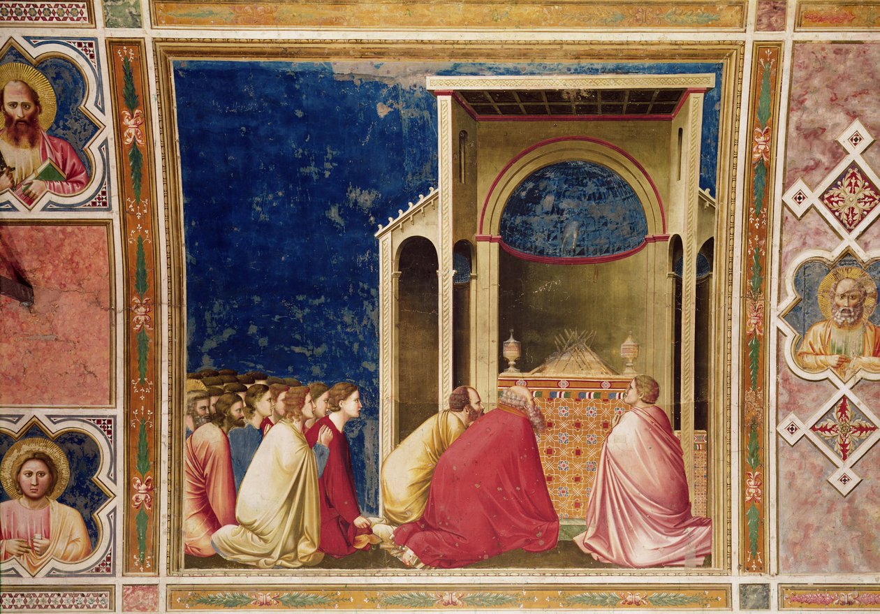 Nápadníci Panny Marie se modlí před pruty v chrámu, kolem 1303-05 od Giotto di Bondone