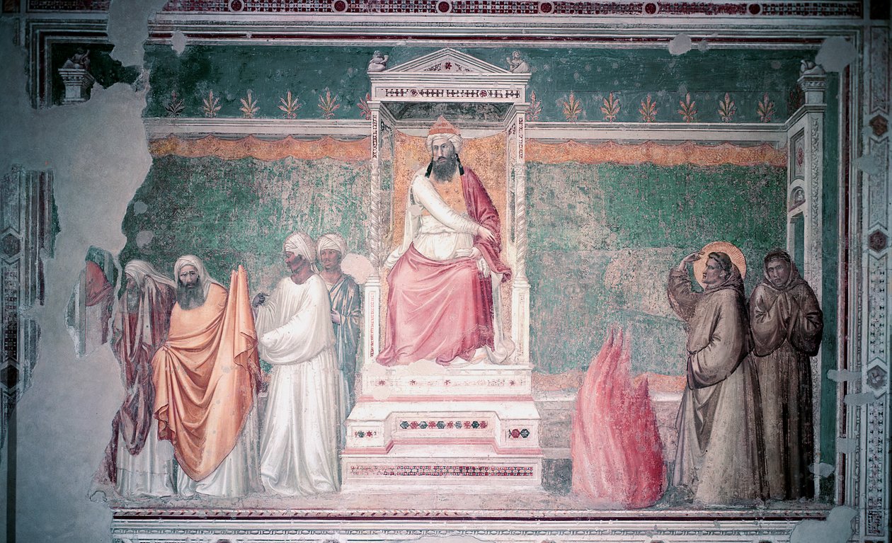 Zkouška ohněm svatého Františka z Assisi před egyptským sultánem, z kaple Bardi, kolem roku 1320 od Giotto di Bondone