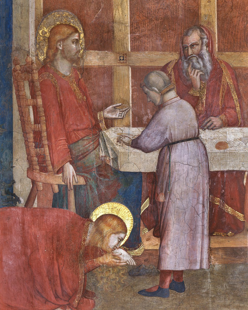 Kaple Magdaleny, západní stěna: Výjevy ze života Magdaleny, „Večeře v domě farizea“. Detail od Giotto (c.1266 1337)