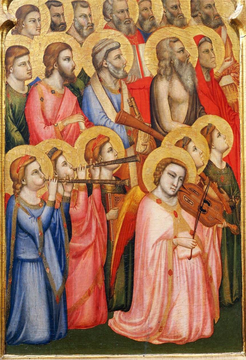 Itálie, Florencie, bazilika svatého Kříže, kaple Bandini Baroncelli, andělé hrající na hudební nástroje, detail korunovace Panny Marie od Giotto (c.1266 1337)