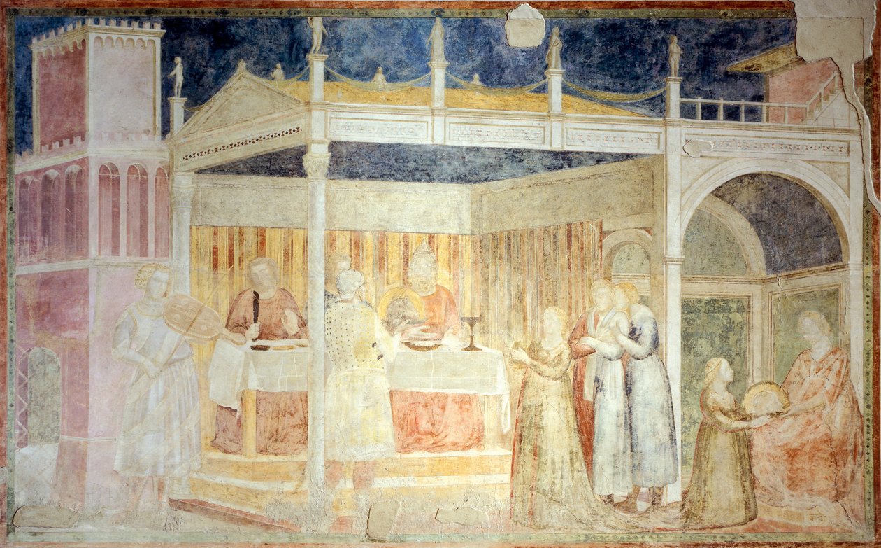 Itálie, Florencie, bazilika Santa Croce, kaple Peruzzi, svátek Heroda, detail Příběhů svatého Jana Křtitele od Giotto (c.1266 1337)
