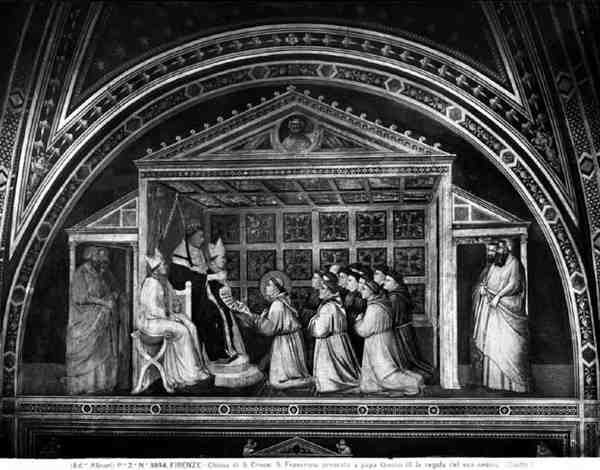 Papež Innocent III. (1160-1216) Schvalující řeholi (freska) (černobílá fotografie) od Giotto (c.1266 1337)