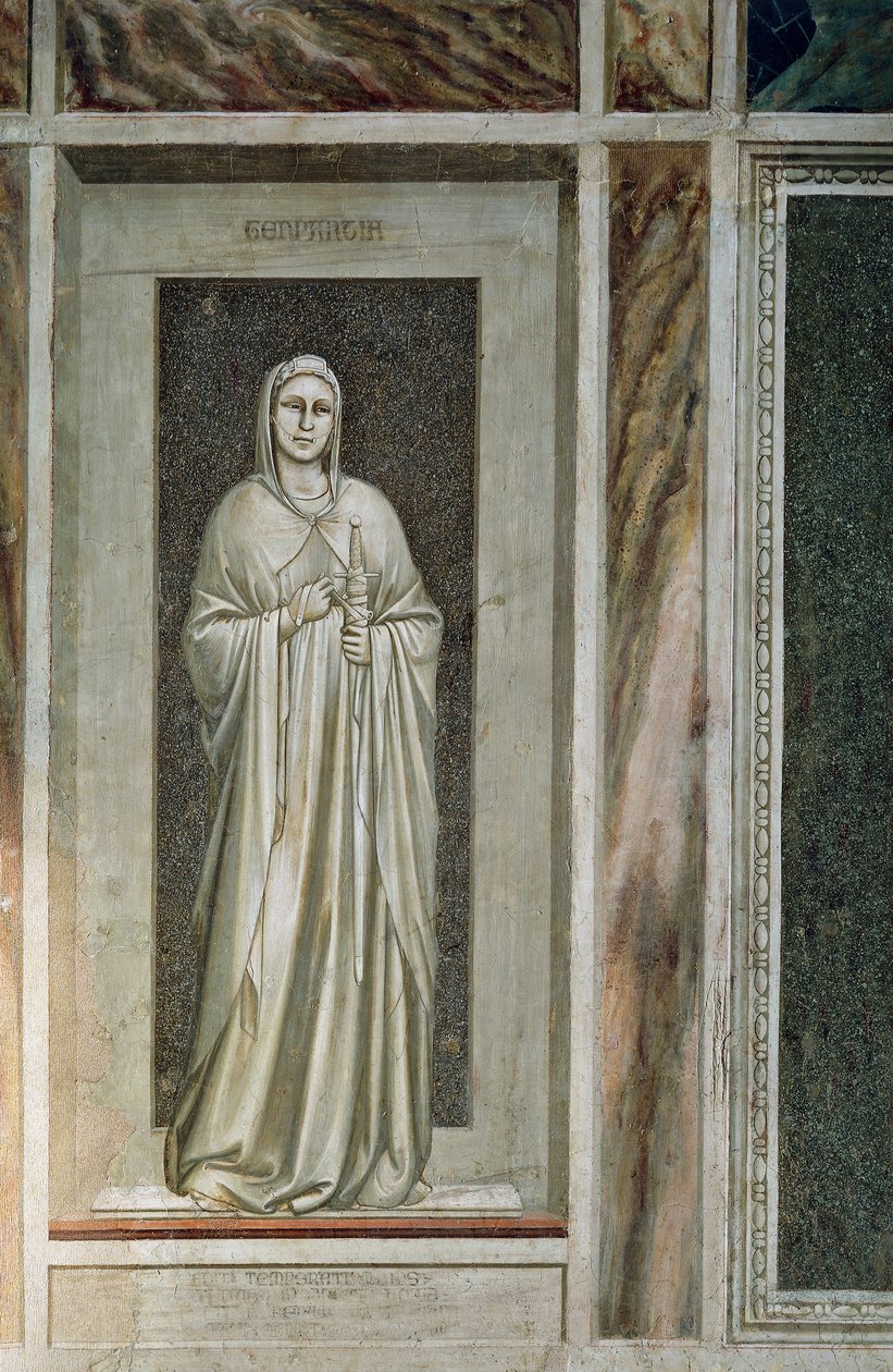 Střídmost, mírná postava s mečem přivázaným k pochvě a uzdou u úst symbolizující ovládání slov, od Giotta, detail z cyklu fresek Neřesti a ctnosti od Giotto (c.1266 1337)