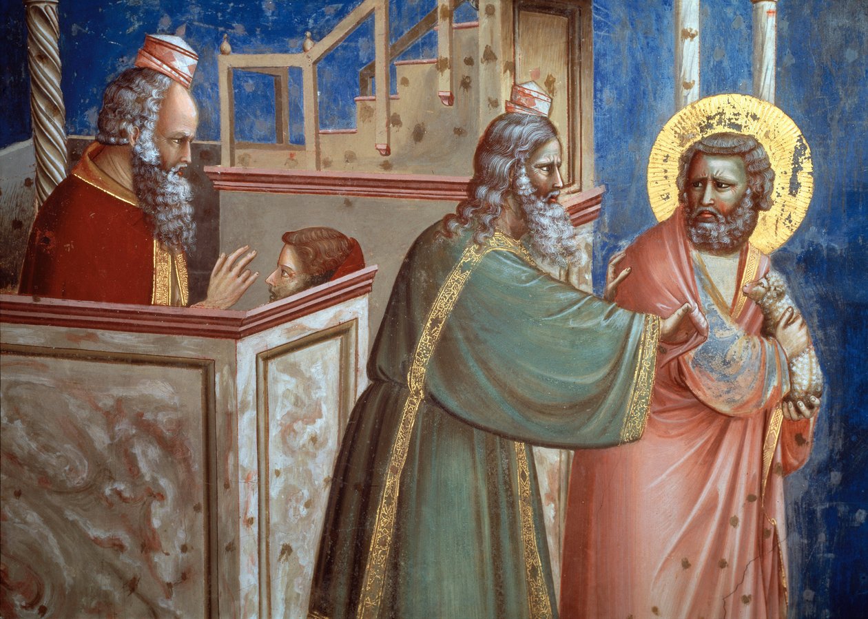 Kněz odmítající Joachima přišel s beránkem, aby ho obětoval. Detail ze života svaté Anny a svatého Joachima (freska od Giotto (c.1266 1337)