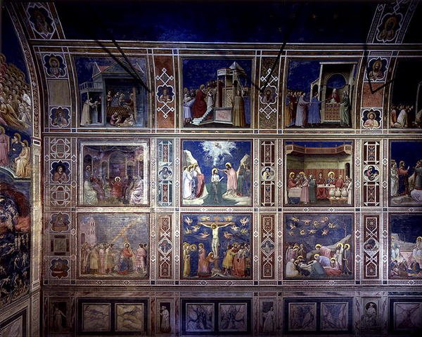 Pohled na severní stěnu zobrazující výjevy ze života Panny Marie a života Krista, kolem 1305 (freska) od Giotto (c.1266 1337)