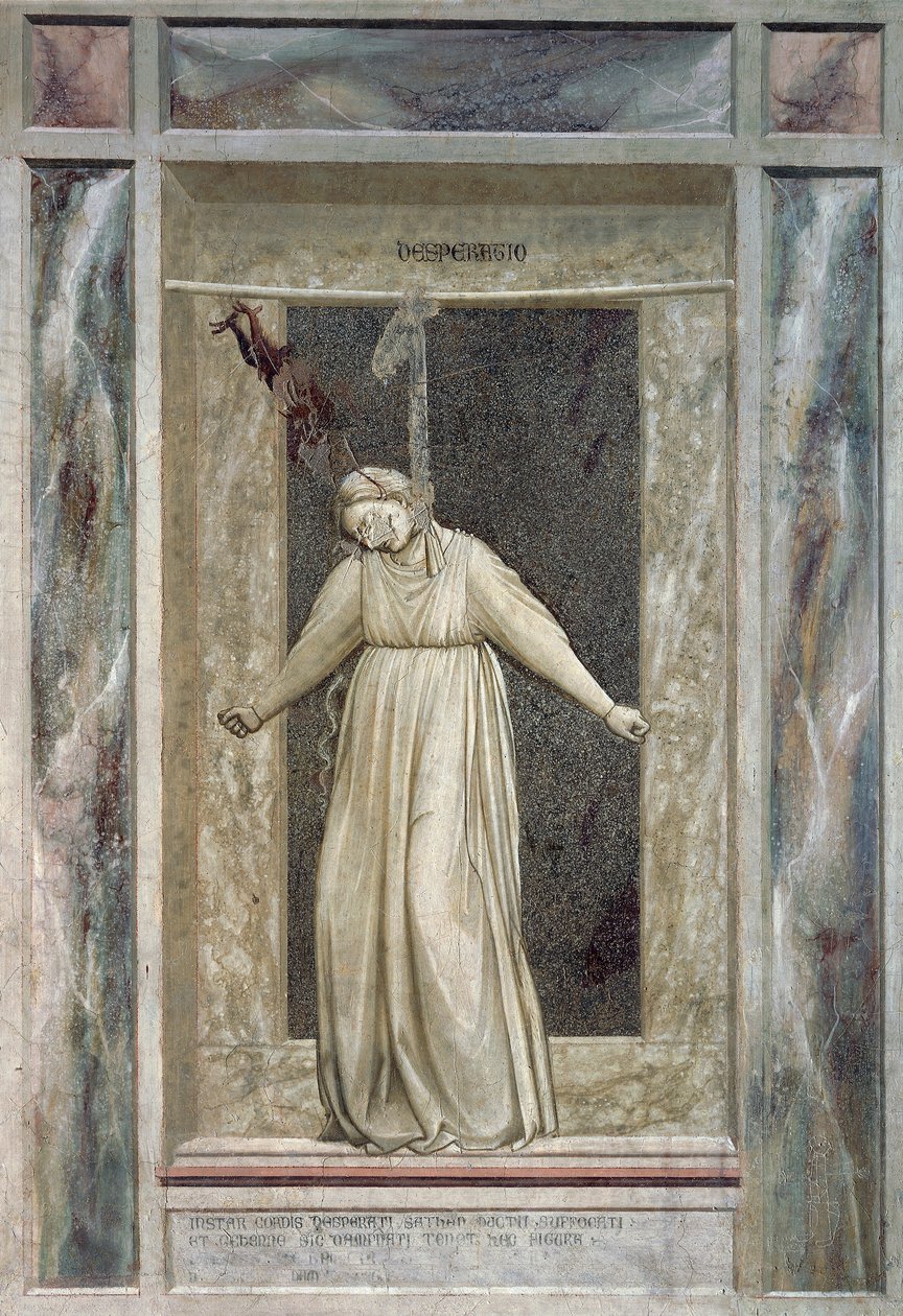 Zoufalství, ženská postava oběšení a ďábel, který ji chytí za vlasy, od Giotta (1267-1337), detail z cyklu fresek Neřesti a ctnosti od Giotto (c.1266 1337)