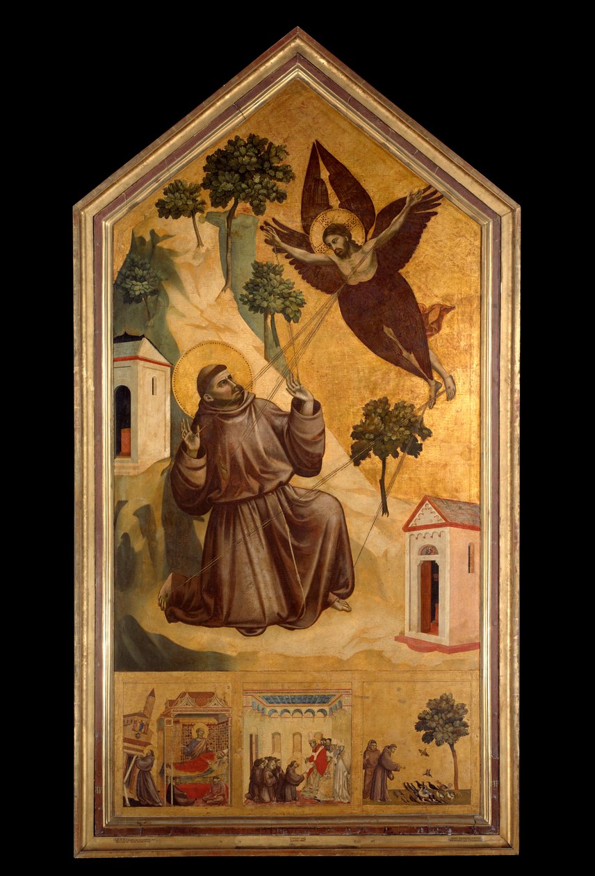 Svatý František z Assisi přijímá stigmata Tempera na dřevě od Giotta di Bondone (1266-1337) kolem 1300, ne. 3,13 x 1,63 m. - Stigmata svatého Františka. Tempera na dřevě od Giotto di Bondone (1266-1337) kolem 1295-1300. 3,13 x 1,63 m. Muzeum Louvre, od Giotto (c.1266 1337)