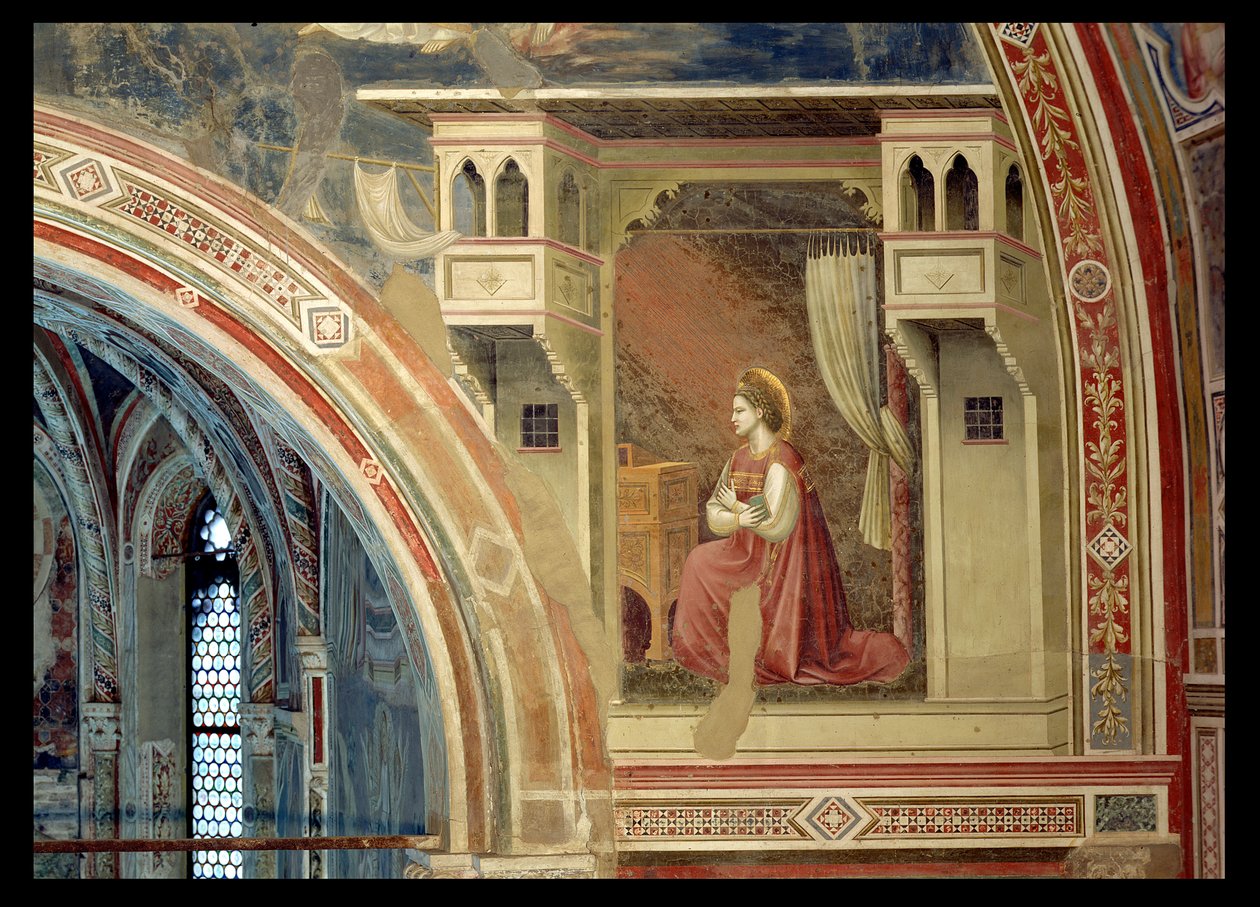 Zvěstování, detail klečící Panny Marie, z lunety nad oltářem, kolem 1305 (freska) od Giotto (c.1266 1337)