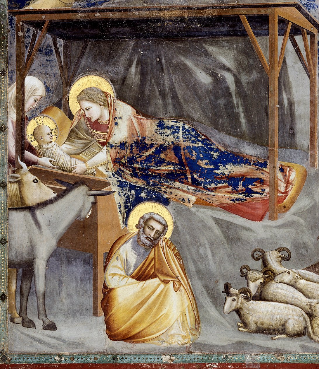 Narození Páně, detail Panny Marie s dítětem, osla a Josefa, detail od Giotto (c.1266 1337)