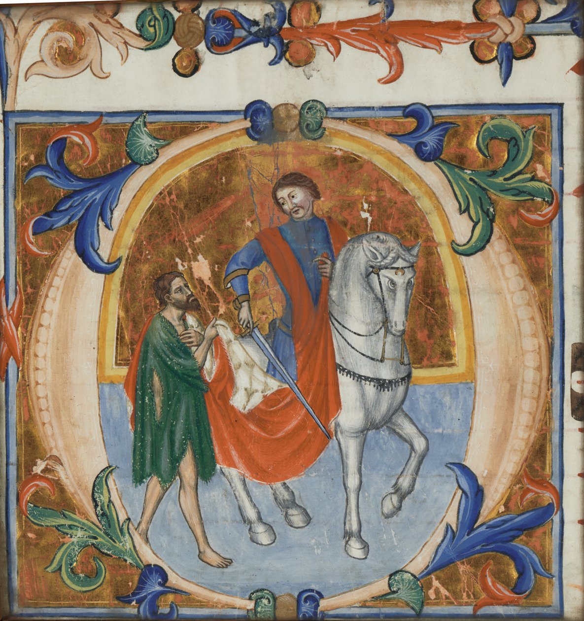 Iluminovaná miniatura sv. Martina rozdělujícího svůj plášť (z velké sborové knihy) od Giotto di Bondone (school of)