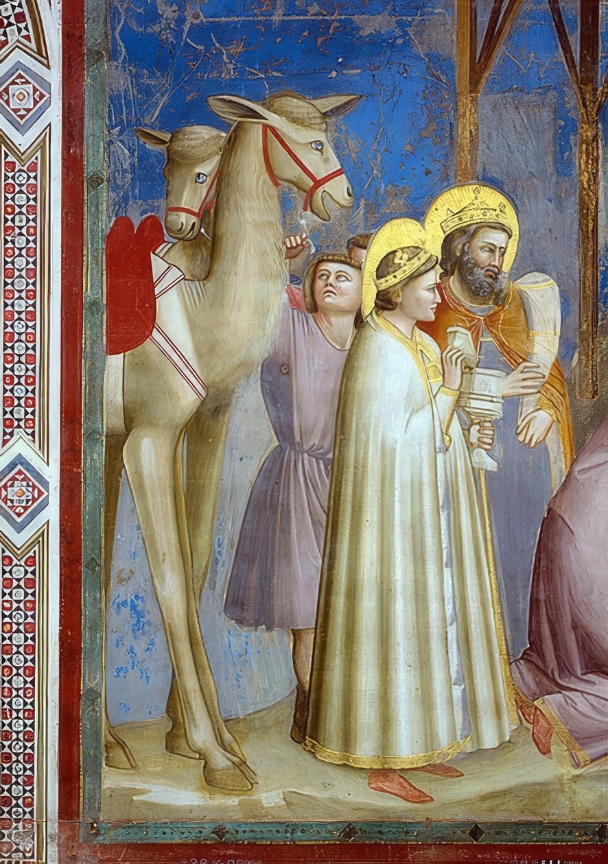 Klanění tří králů. Detail: dva velbloudi a králové se svými dary. 1305 od Giotto di Bondone
