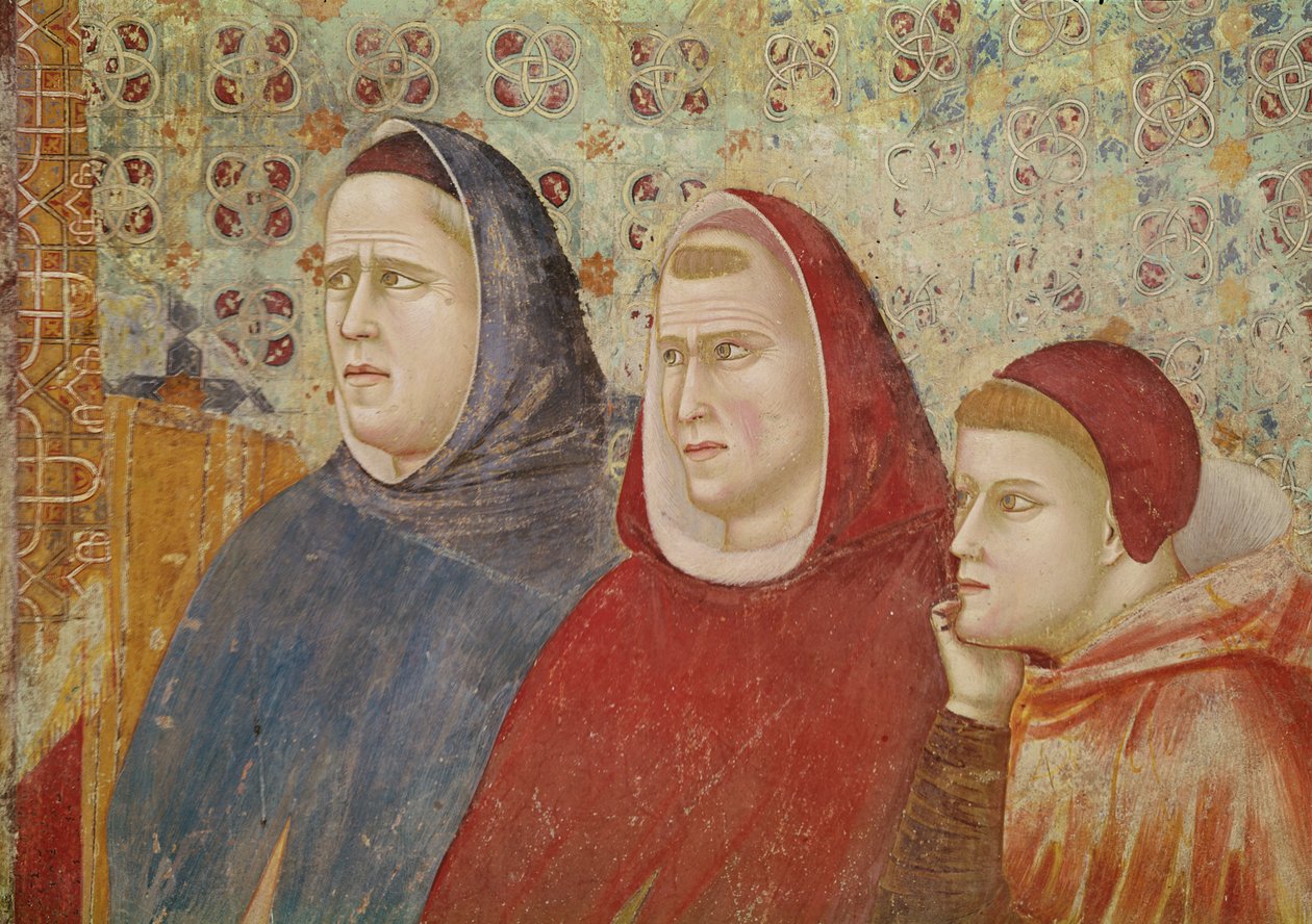 Svatý František káže kázání papeži Honoriovi III., detail tří prelátů na pravé straně, kolem 1297-99 od Giotto di Bondone