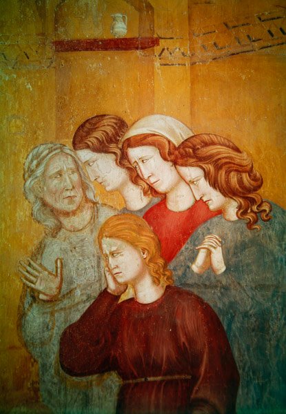 Svatý František oživuje nenakaženou ženu, aby usnadnil její vyznání, detail skupiny žen vpravo, kolem 1297-99 od Giotto di Bondone
