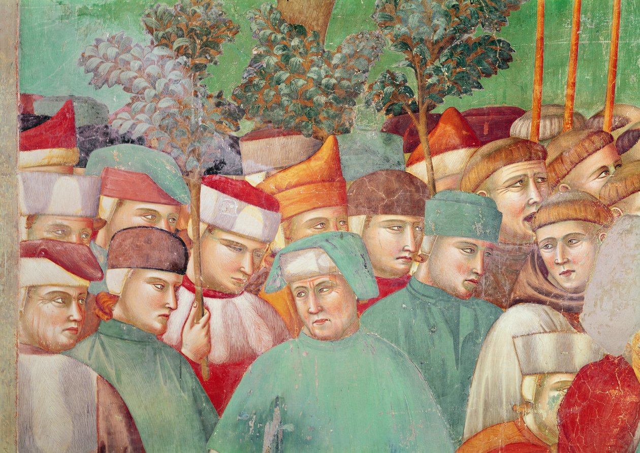 Svatá Klára objímá mrtvolu svatého Františka, detail davu na pravé straně, 1297-99 (freska) (detail 63354) od Giotto di Bondone