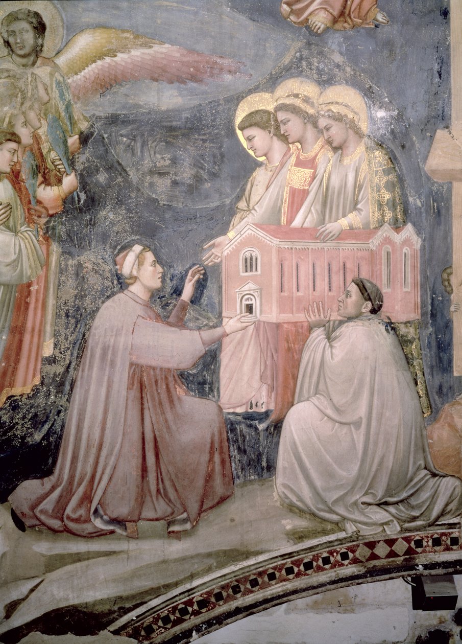 Poslední soud, detail patrona Enrica Scrovegniho představujícího model kostela, c.1305 detail fresky z roku 65227 od Giotto di Bondone