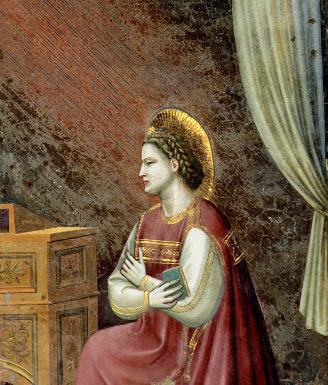Zvěstování, detail klečící Panny Marie, z lunety nad oltářem, kolem 1305 (detail 97840) od Giotto di Bondone
