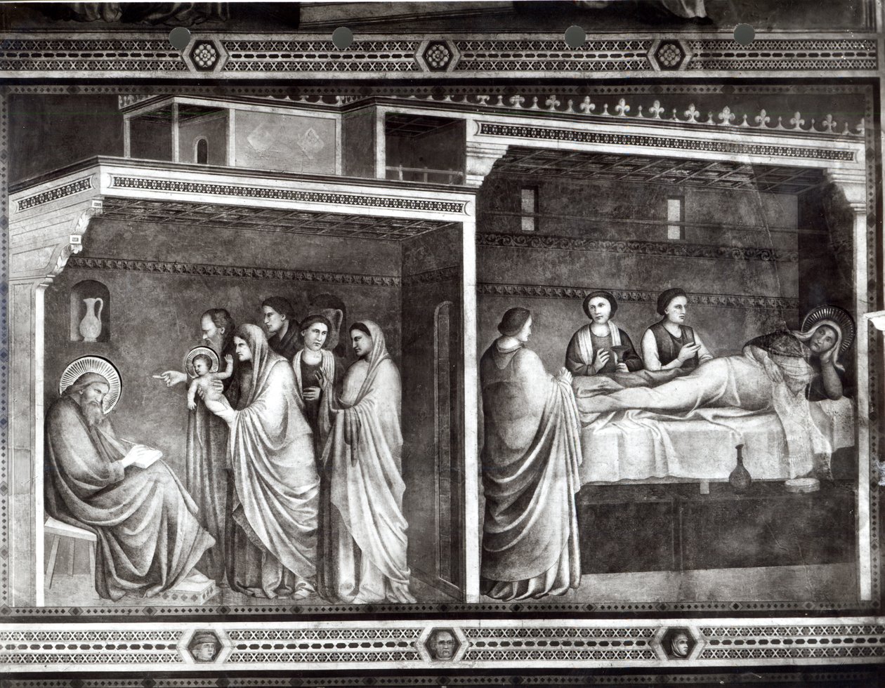 Narození sv. Jana Křtitele a jeho otec Zachariáš píšící jeho jméno od Giotto di Bondone