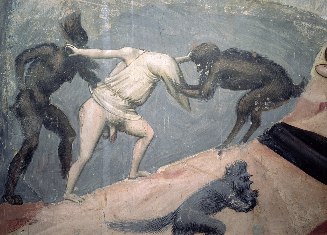 The Last Judgement: Hell, detail jednoho z prokletých zajatých dvěma démony, c.1303-05 od Giotto di Bondone