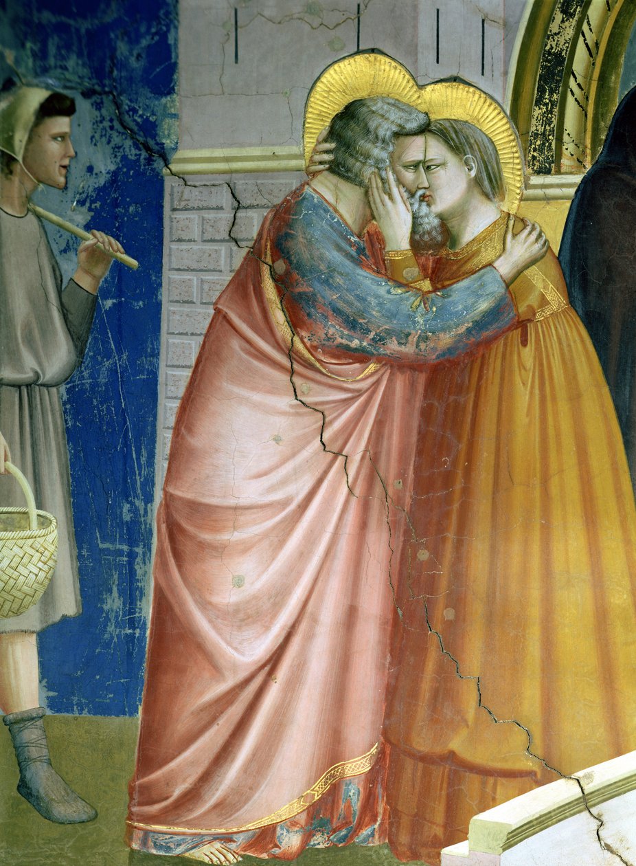 Setkání u Zlaté brány, detail objímajícího se Joachima a sv. Anny, kolem 1305 (detail 65216) od Giotto di Bondone