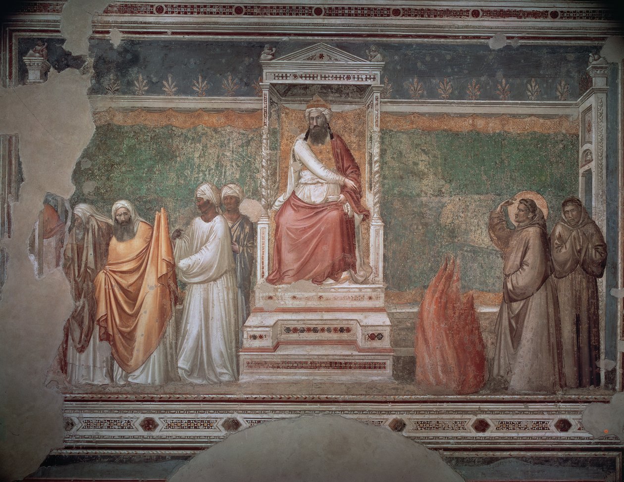 Zkouška ohněm svatého Františka z Assisi před egyptským sultánem, z kaple Bardi, kolem roku 1320 od Giotto di Bondone