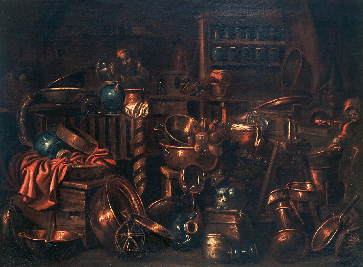 Alchymistická laboratoř, obraz Gian Domenico Valentino (1630-1708), Itálie od Giovan Domenico Valentino